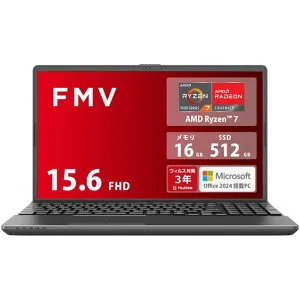 FMV富士通ノートパソコンNoteAWA1-K2(MSOffice2024/Win11/15.6型/AMDRyzen7/16GB/SSD512GB/スーパーマルチドライブ)FMVWK2A175_AZ