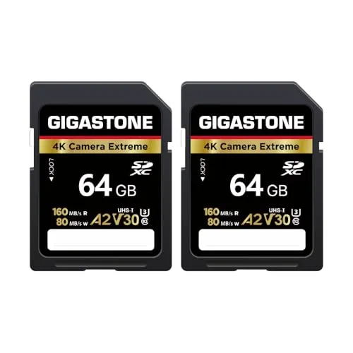 【5年データ復旧・無償交換保証】GIGASTONE SDカード 64GB 2個セット 4K Camera Extreme SDXC UHS-I A2 V30 U3 C10 160MB/s 超高速 4K UHD & Full HD ビデオ Canon Nik