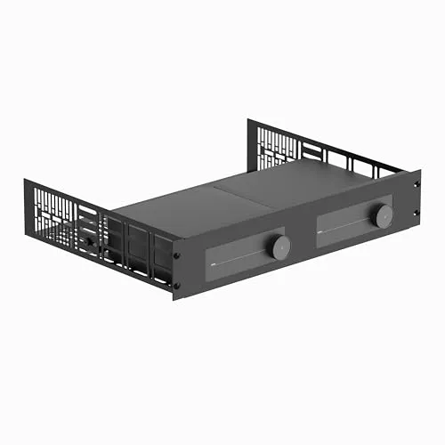 ynVISION.DESIGN カスタムラックシェルフ WiiM AmpおよびWiim Amp Pro対応 | 2U | ラックマウント可能 | バックバー付き14インチディープシェルフ (1)