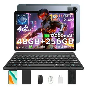 【高性能T7300 6nmプロセッサー 5部品付属】POCKAM P12PRO Android16 タブレット12インチ120Hz Gemini AI搭載SIMフリー 4G LTE48GB RAM+256GB ROM+2TB拡張可 2000×1200解像度 12000mAh大容量バッテリー クアッドスピーカ