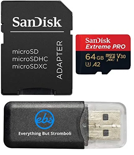 SanDisk 64GB Extreme Pro MicroSDカード。Insta 360 X5、X4、Ace Pro 2カメラに対応。最大200MB/秒の読み取り速度 (SDSQXCU-064G-GN6MA) Stromboli MicroSDカードリー