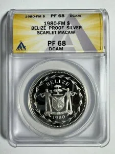 1980-FM $1 ベリーズ プルーフ シルバー スカーレット コンゴウインコ ANACS PF 68 DCAM 希少 低鋳造枚数