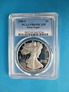 1986年 Sプルーフ $1 アメリカンシルバーイーグルドルコイン PCGS PR69 DCAM * ブルーラベル
