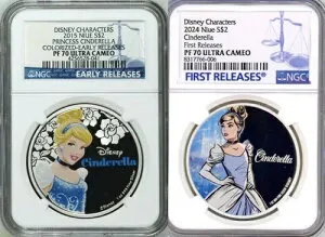 シンデレラ 1オンス 0.999 シルバーコイン 2枚 2015年 & 2024年 ニウエ NGC PF70 U Cam Early/FR