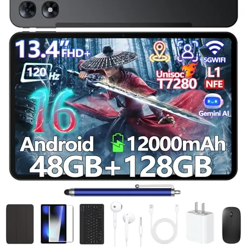 13.4インチ FHD+大画面タブレット Android 16 120Hz高リフレッシュレート 2.4Kディスプレイ 48GB RAM+128GB ROM+2TB 拡張 UNISOC T620 8コア CPU 12000mAh大容量バッテリー WiFiモデ