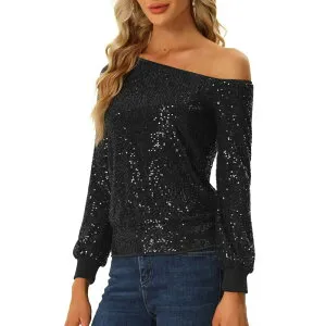 アレグラ ケー レディース トップス Tシャツ スパンコール ALLEGRA K One Shoulder Sequin Tops for Women's Long Sleeve Holiday Party Sparkly Top Black ブラック