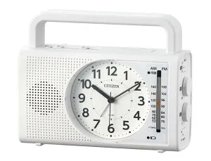 リズム(RHYTHM) シチズン 目覚まし時計 防災 クロック AM/FM ラジオ (ワイドFM 対応) 手回し発電 LED 懐中電灯 スマートフォン 携帯電話 充電機能 アナログ 白 CITIZEN 4RQ002-003