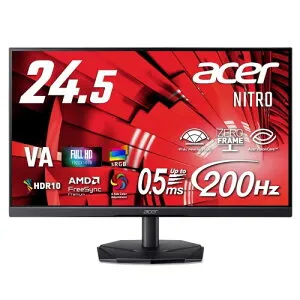 Acer 24.5インチ フルHD 200Hz 0.5ms(GTG) 広視野角 VA 非光沢 sRGB 99% AMD FreeSync Premium HDR10 ブラックブースト VRB対応 ブルーライト低減 HDMI 2.0 DisplayPort v1.2 Acer Display Widget Nitro ゲーミングモニター 3