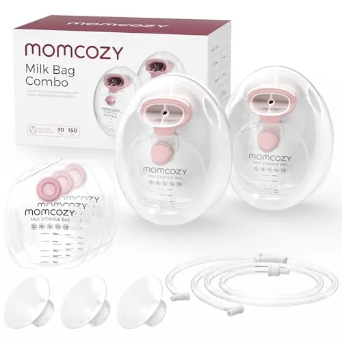 Momcosyウェアラブルミルクコレクションカップ 収納袋付き (5オンス)、直接バッグ母乳バッグコンボ、MomcosyV1 Pro/V2 Pro/V1/V2ポンプ&ほとんどの電動搾乳器用搾乳器用搾乳器パーツ 2個パック