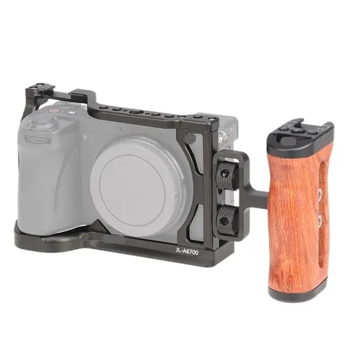 互換性がありますSony A6700 ラビットケージ用 FOTGA DSLR カメラケージ、ハンドル位置決め穴付きビデオ写真リグに対応(Wooden side handle)
