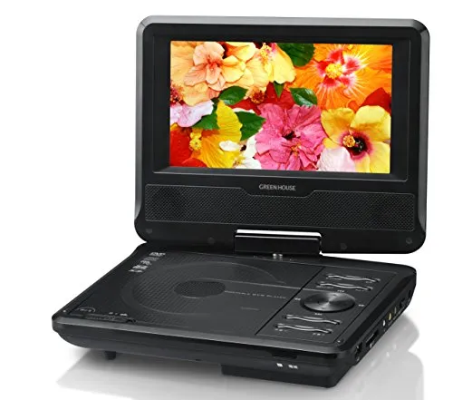 グリーンハウス ポータブル DVD プレーヤー 7型 ワイド液晶 (1024×600) 搭載 (車載用ヘッドレスト取り付けキット付属) 単3形乾電池対応 ブラック GH-PDV7L-BK
