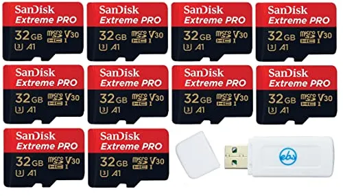 32GB SanDisk Extreme Pro (10個パック) 4K マイクロメモリーカード (SDSQXCG-032G-GN6MA) Class 10 U3 V30 A1 32G MicroSD HC SDHCバンドル Stromboliカードリーダ