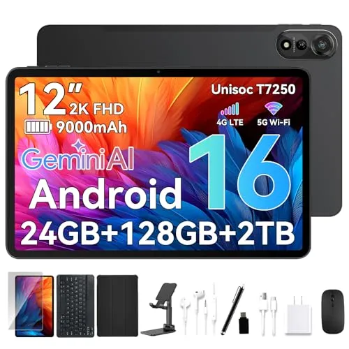 【Android 16 タブレット 12インチ 2026初登場】 Nexall N90 セット版 android16 タブレット 12インチ Wi-Fiモデル、2K高精細大画面、Gemini AI、24GB+128GB+2TB拡張、9000mAh、8コア