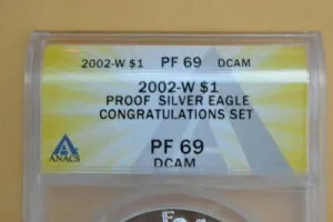 2002-W シルバーイーグルプルーフ ANACS PF69DCAM お祝いセットラベル（ラベルエラー）