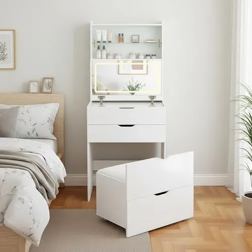 ドレッサーテーブル 【3色LED・明るさ無段階調節可能 | コンセント付き | 可動棚付き】 大容量収納 キズに強い 水に強い 棚 コスメ収納 化粧品 収納 化粧台 ドレッサー ライト付き vanity dresser with mirror 鏡台 テーブ